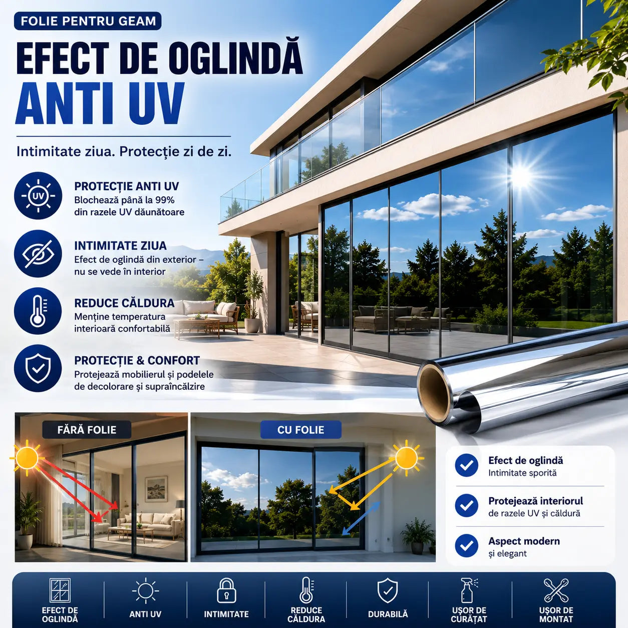MirrorGuard™ Folie Oglindă Autoadezivă pentru Intimitate și Protecție UV, 45×200 cm