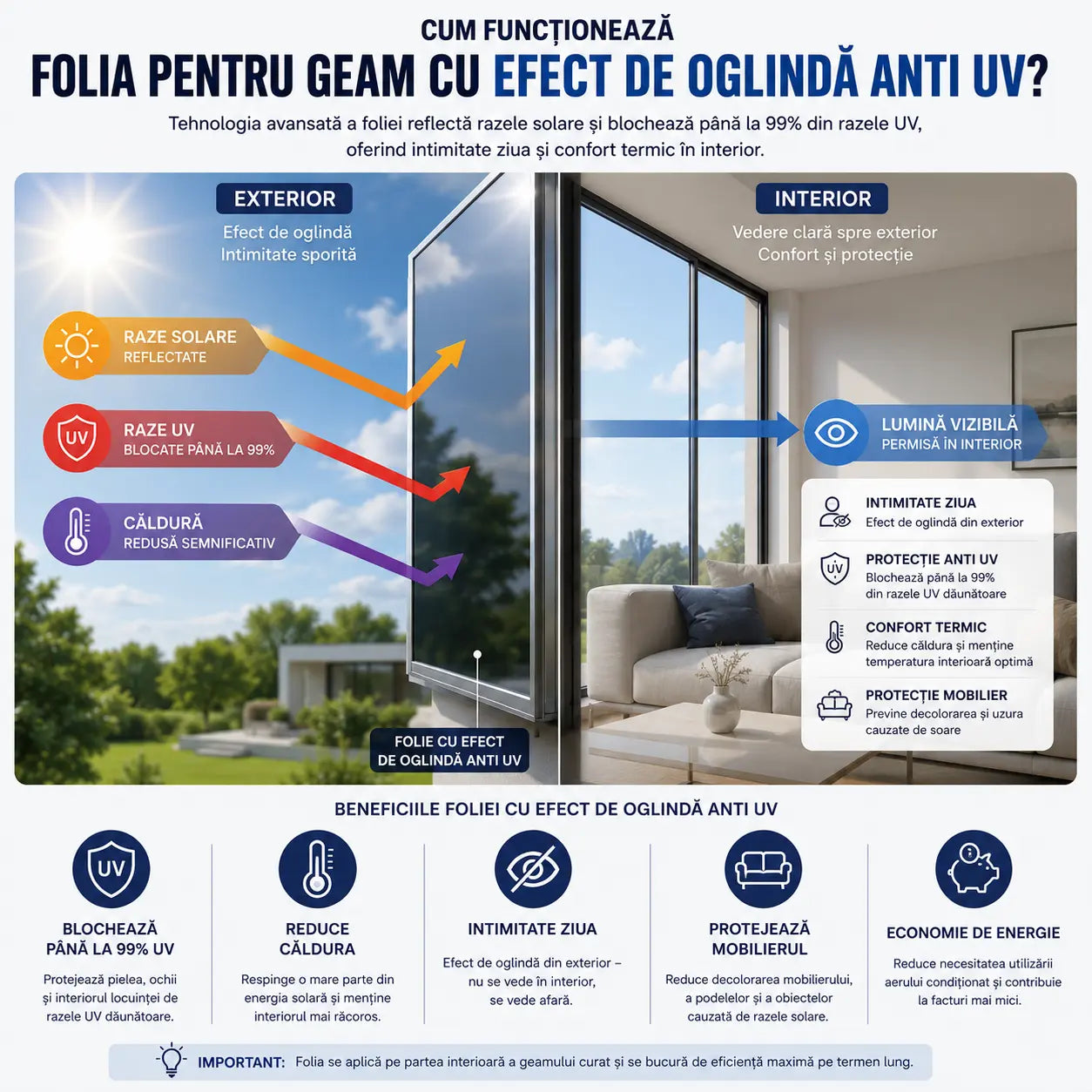 MirrorGuard™ Folie Oglindă Autoadezivă pentru Intimitate și Protecție UV, 45×200 cm