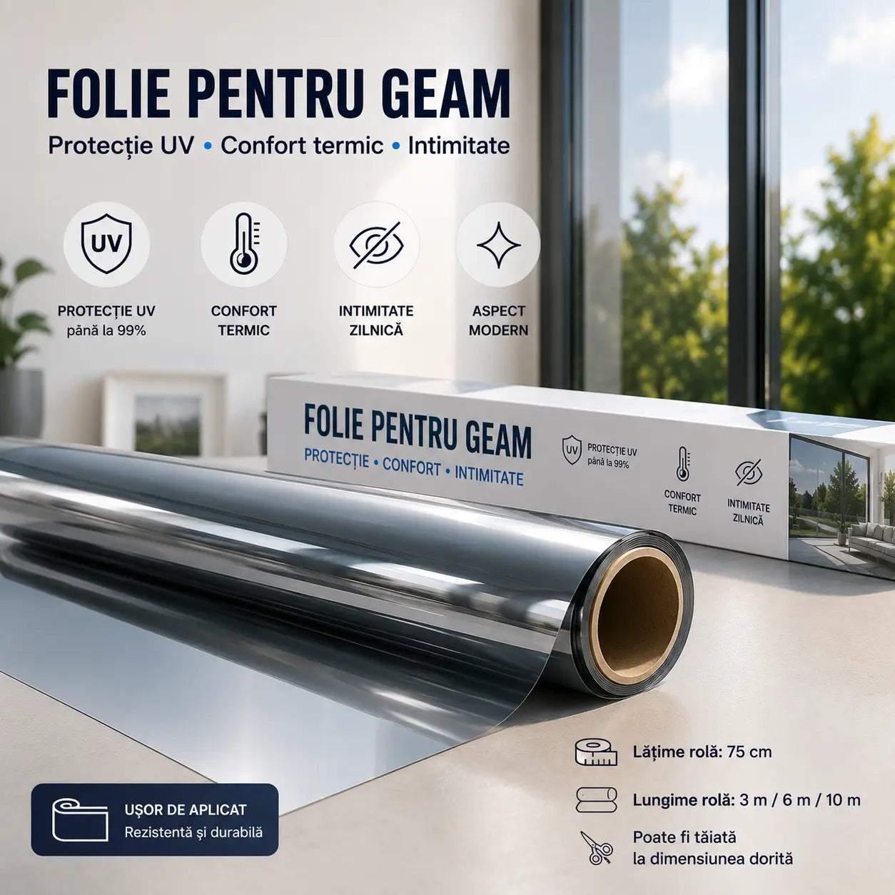 MirrorGuard™ Folie Oglindă Autoadezivă pentru Intimitate și Protecție UV, 45×200 cm