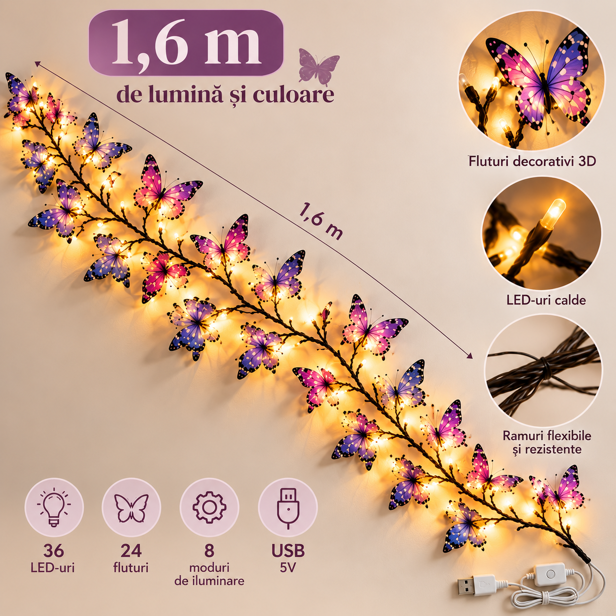 Ghirlanda Decorativa cu Fluturi, 36 LED 160cm 8 Moduri de Lumina