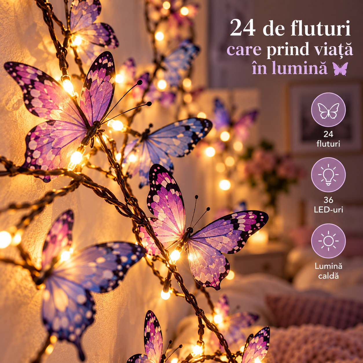 Ghirlanda Decorativa cu Fluturi, 36 LED 160cm 8 Moduri de Lumina