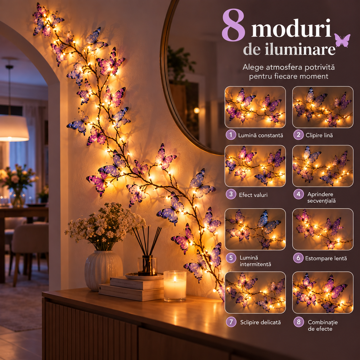 Ghirlanda Decorativa cu Fluturi, 36 LED 160cm 8 Moduri de Lumina
