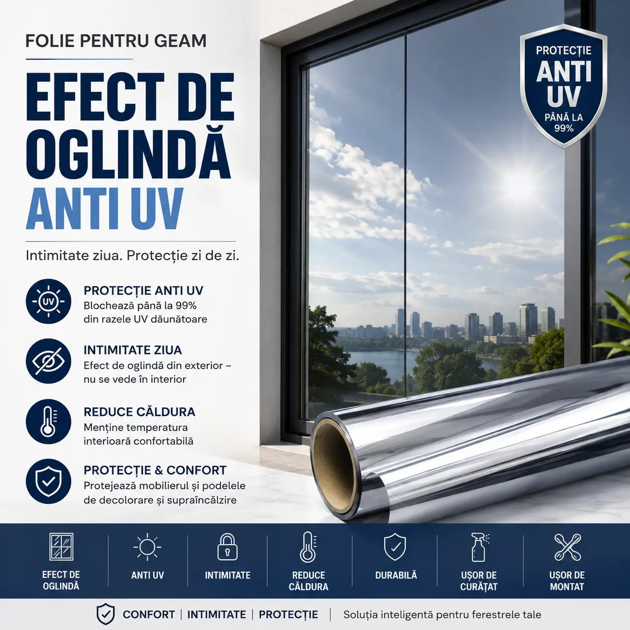 MirrorGuard™ Folie Oglindă Autoadezivă pentru Intimitate și Protecție UV, 45×200 cm
