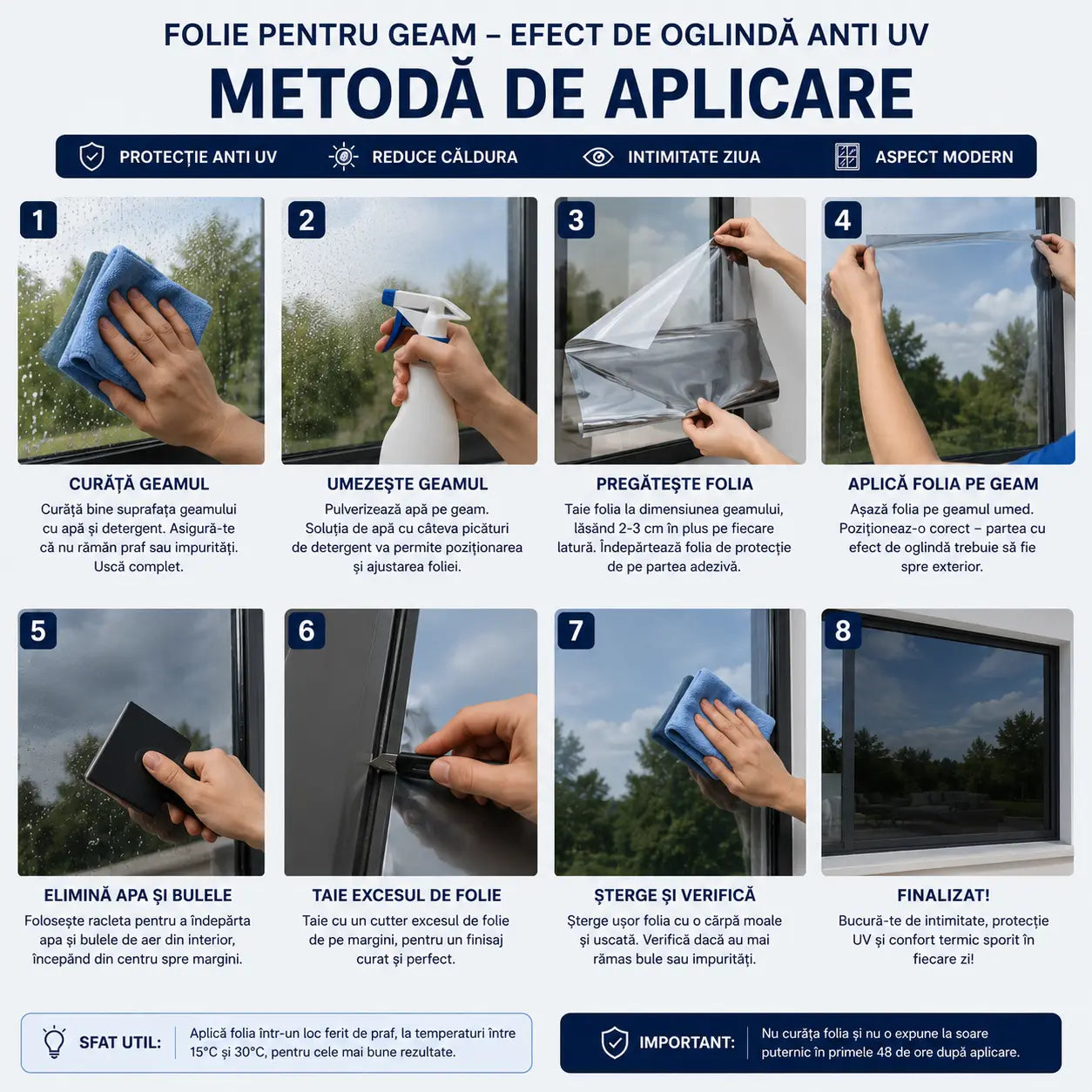 MirrorGuard™ Folie Oglindă Autoadezivă pentru Intimitate și Protecție UV, 45×200 cm