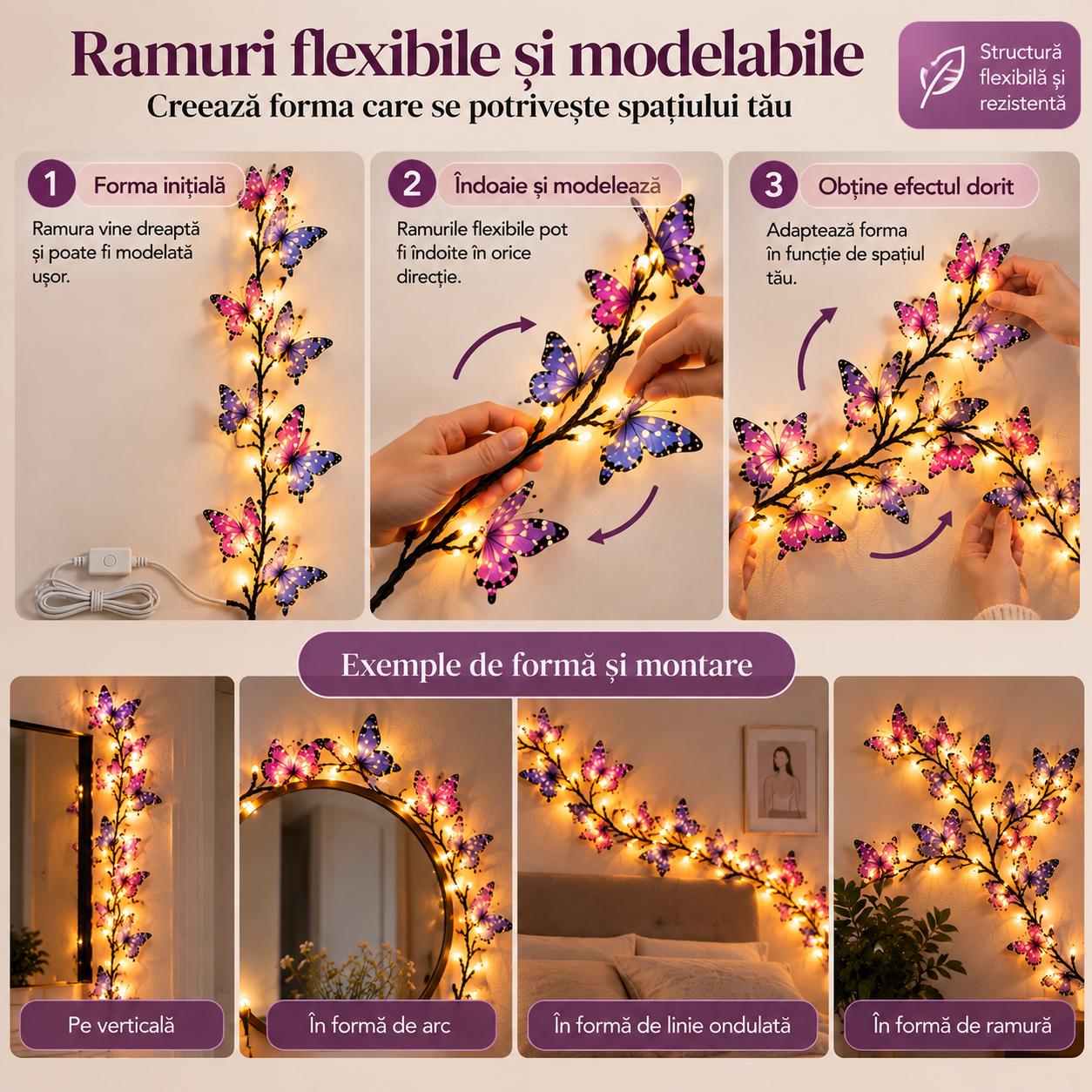Ghirlanda Decorativa cu Fluturi, 36 LED 160cm 8 Moduri de Lumina