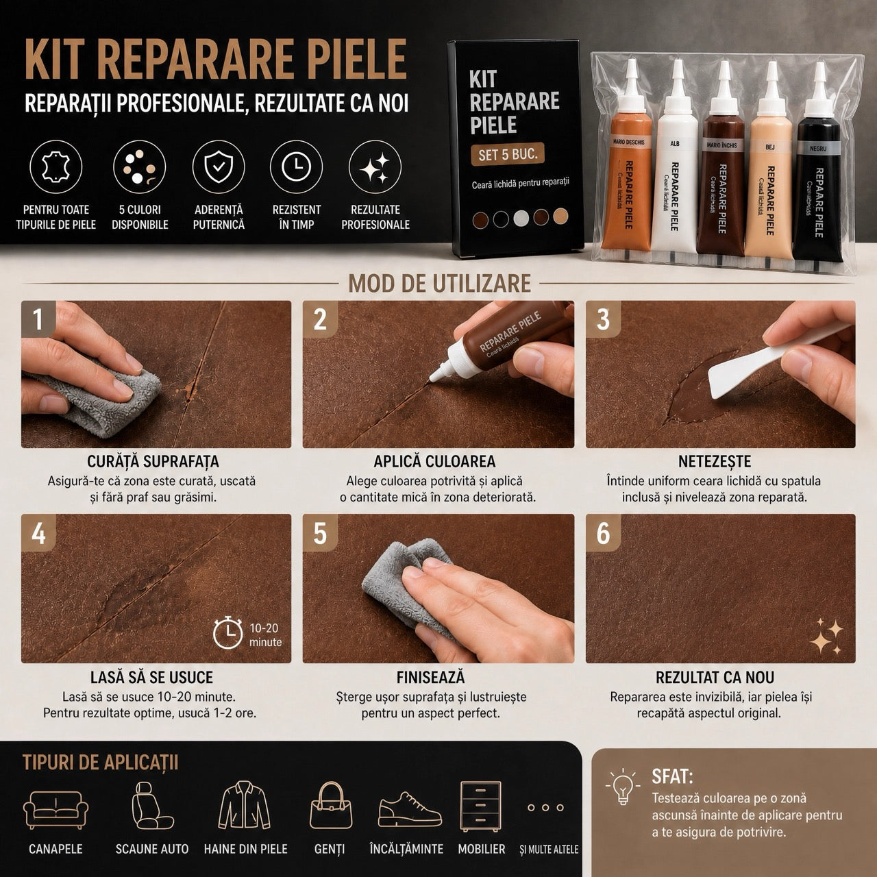 Kit Reparare Piele si Mobilier 5 buc.