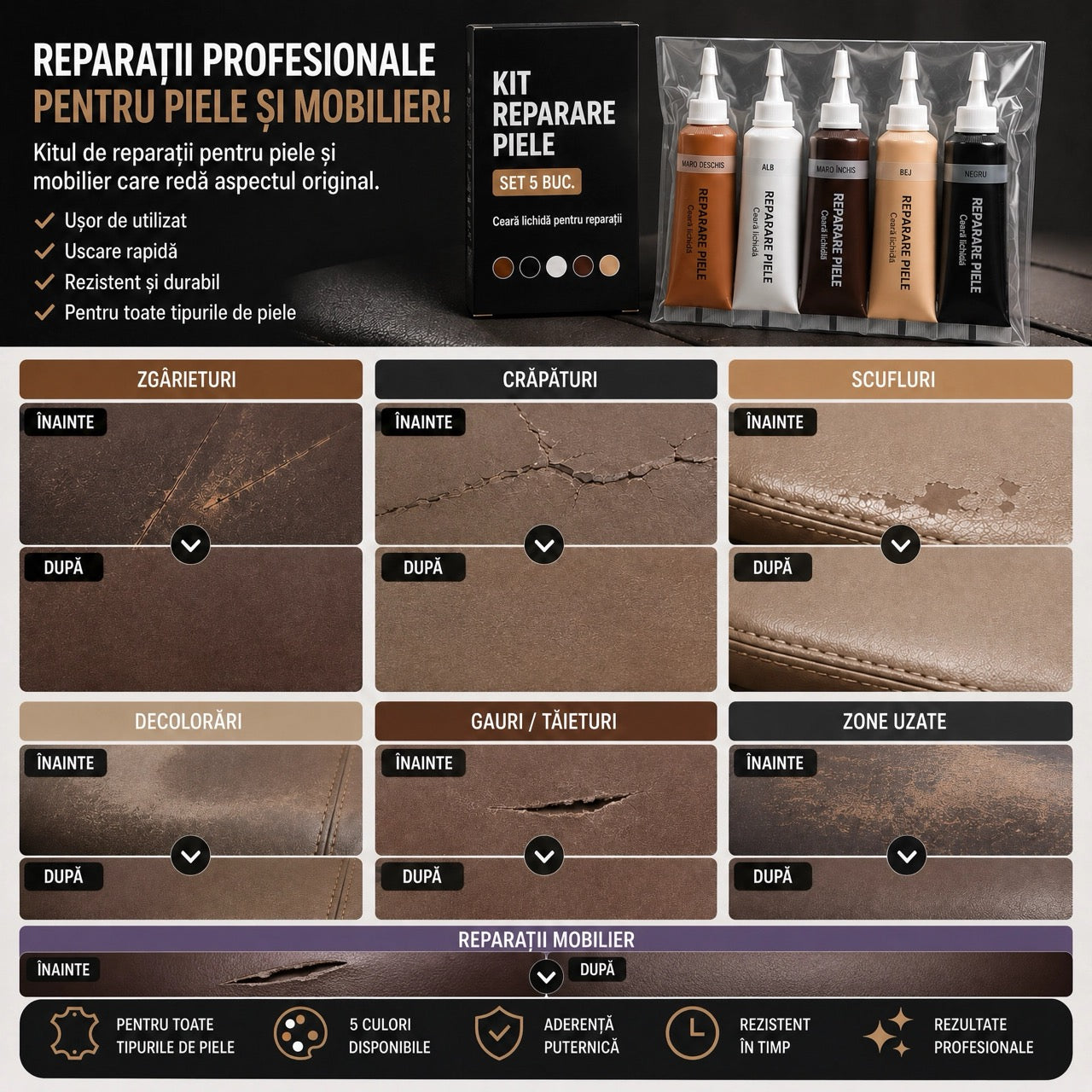 Kit Reparare Piele si Mobilier 5 buc.